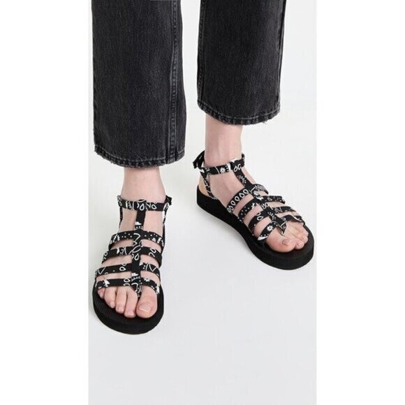 ARIZONA LOVE Trekky Flat Spartiate Strappy Sandals In Black Bandana Size 38 NWOB - Picture 1 of 12